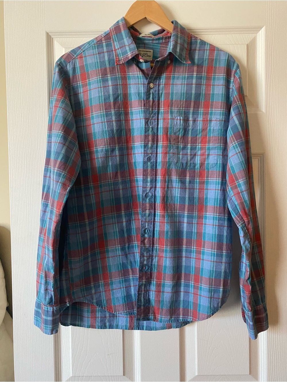 J Crew Plaid Button Down Shirt Teal Red Gray Casual Preppy Size M